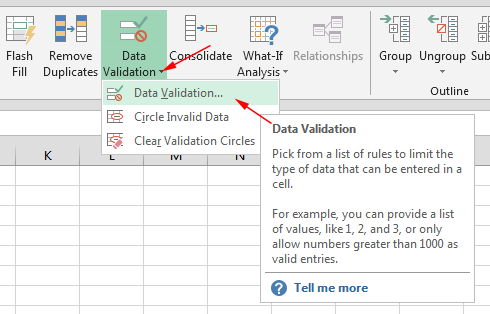 Pokretanje naredbe za izradu padajuće liste u Excelu 2013