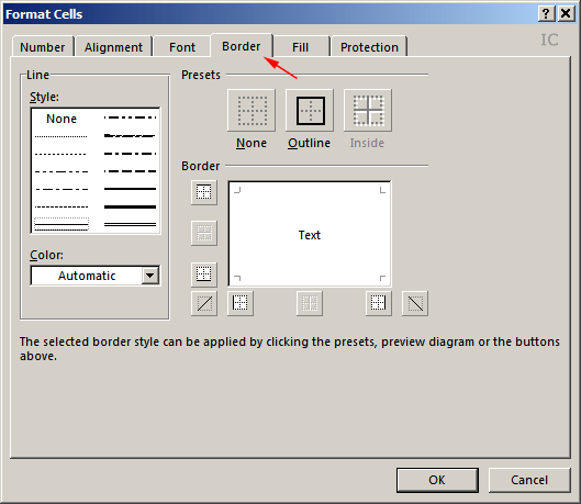 Oblikovanje i formatiranje ćelija u Excelu pomoću kartice Border na dijaloškom prozoru Format cells