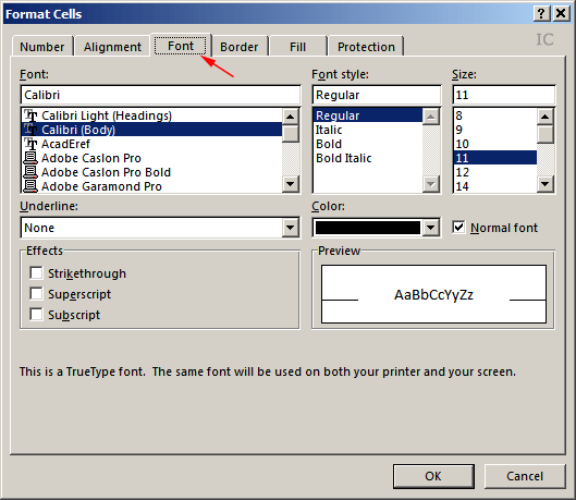Oblikovanje slova i teksta pomoću kartice Font na dijaloškom okviru Format Cells u Excelu