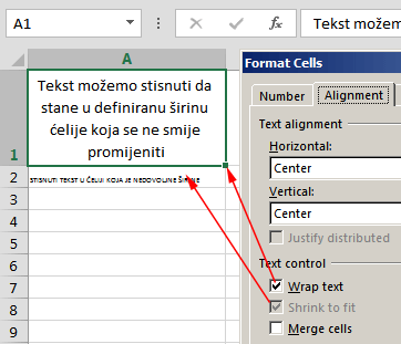 Stisnuti i prelomljeni tekst u više redova u ćeliji ili polju Excela