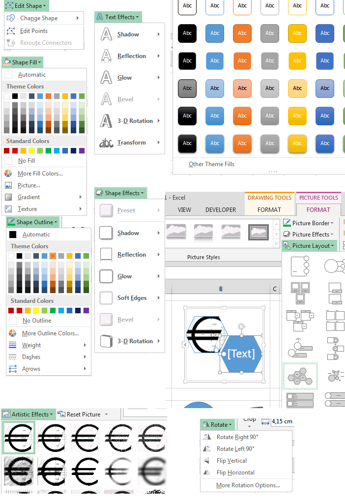 Naredbe i mogućnosti za uređivanje oblika crteža u Excelu 2013