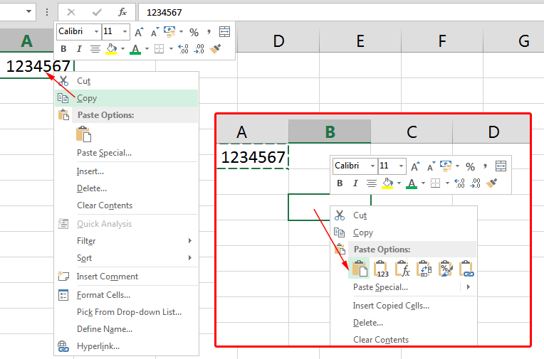 Kopiranje ćelije u Excelu pomoću desne tipke miša
