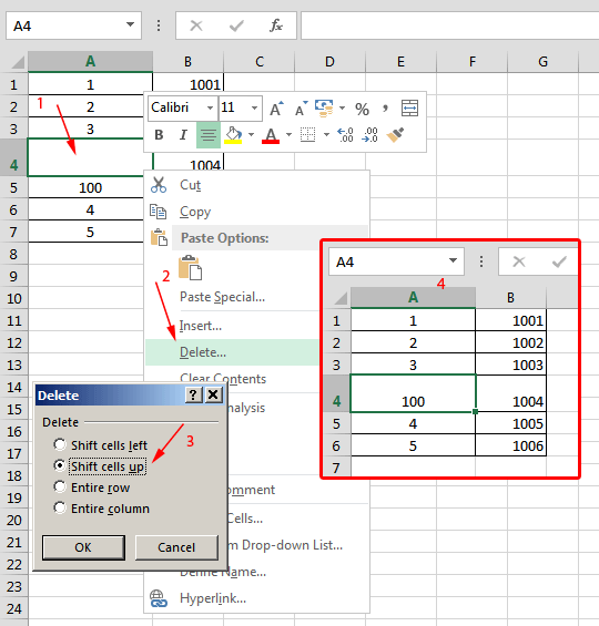 Brisanje samo jedne Excel ćelije u stupcu i pomjeranje ostalih prema gore