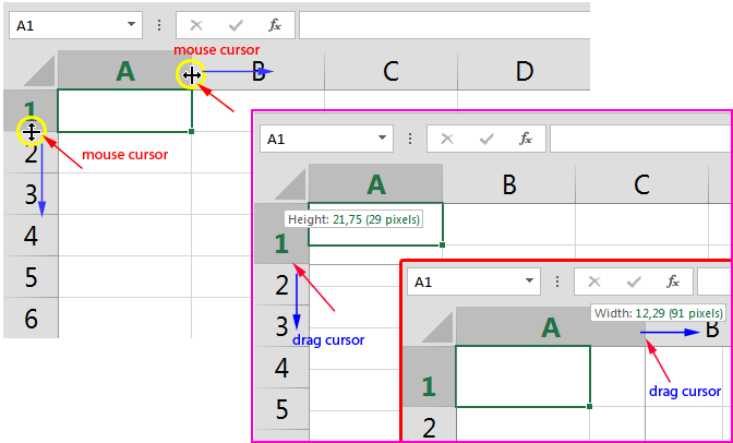Promjena širine ili visine Excel ćelije pomoću kursora pokazivača miša