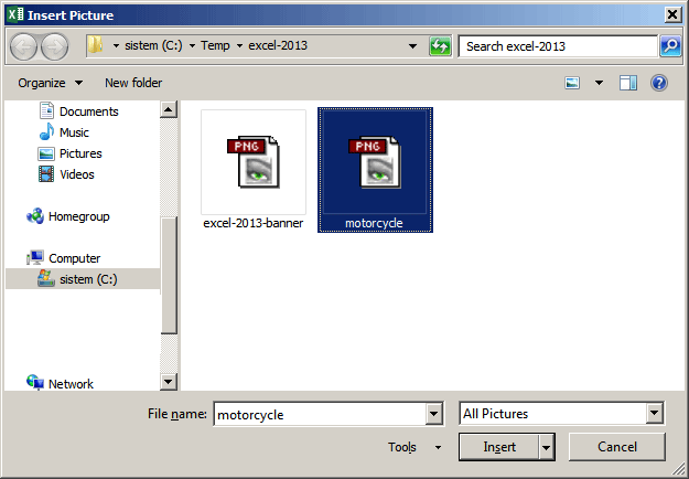 Insert Pictures dijaloški prozor za insert slike u Workbook Excela 2013