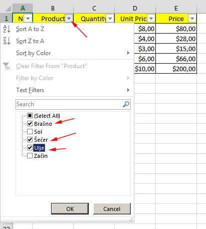 Postavljanje filtera za filtriranje u Excelu 2013