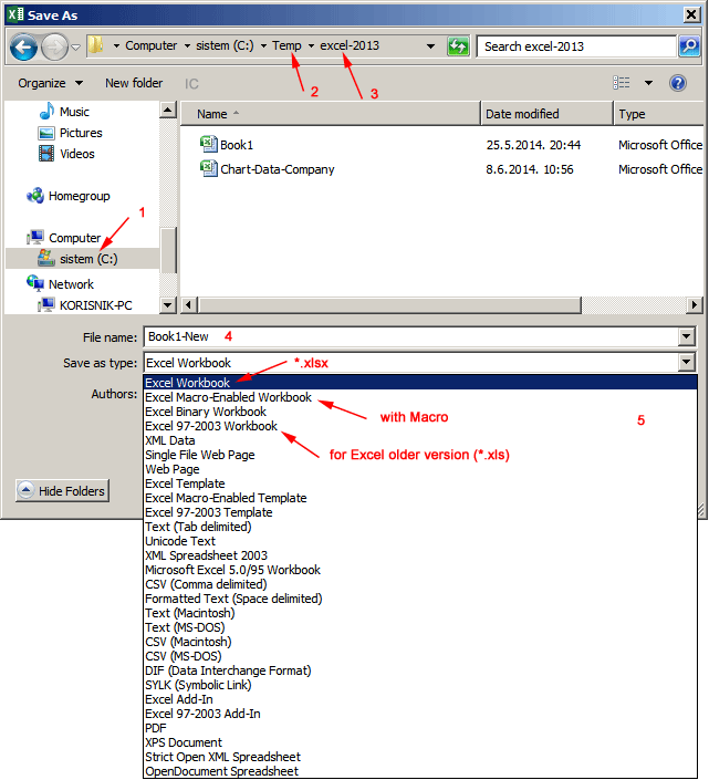 dijalog prozor Save As za spremanje radne knjige iz Excela 20013 u tip datoteke zua starije verzije Excela