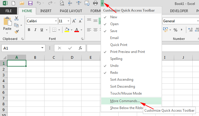 Dodavanje naredbe na Quick Access Toolbar u Excelu
