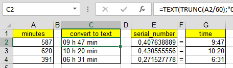 Pretvaranje minuta u Excel vrijeme, serial_number i sate kao text 