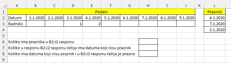 Brojanje datuma u retku bazirano na praznicima u stupcu
