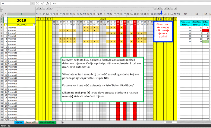 Kalendar godišnjih odmora u Excelu - predložak