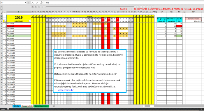 Vizualni plan i pregled evidencije godišnjih odmora - Template in Excel