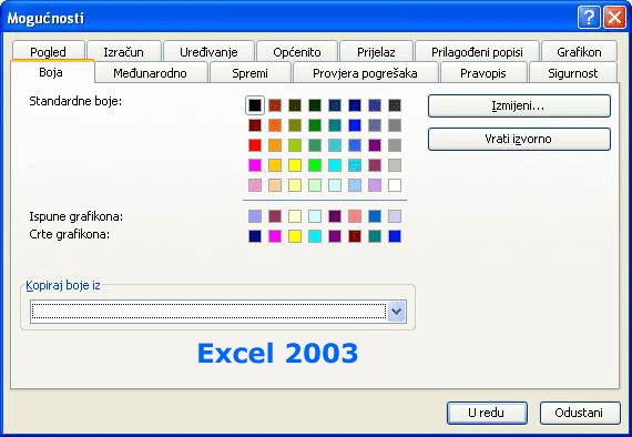 Paleta boja za Excel 2003