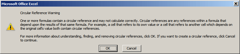 Poruka upozorenja o grešci kružne reference u Excelu