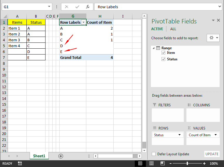 Prikazivanje stavki bez podataka u Excel redu