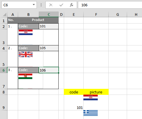 Automatski prikaz slike sa istog radnog lista u Excel ćeliji na osnovu broja ili šifre u susjednoj ćeliji