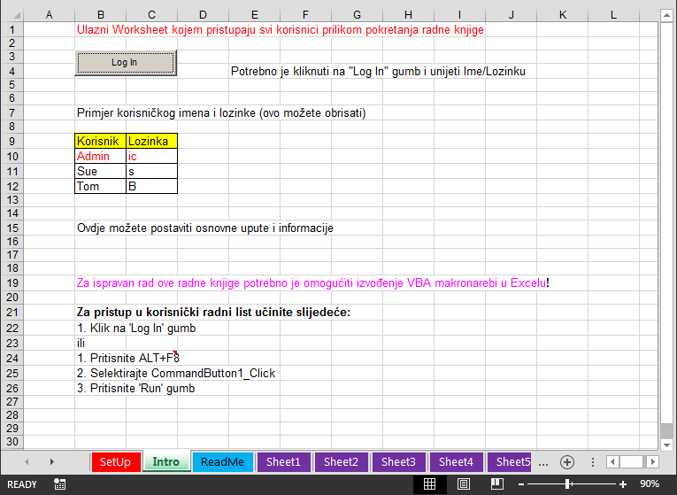 Forma za logiranje u Excel radnu knjigu