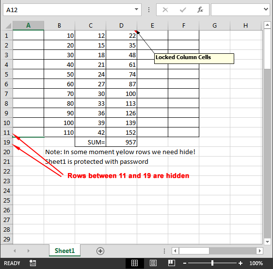 Skriveni redovi na zaključanom radnom listu u Excelu