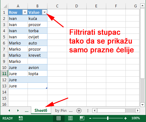 Brisanje stupca u Excel Table i filtriranje