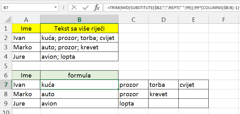 Razdojeni tekse koristeći Excel formulu