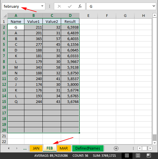 Definiranje naziva raspona podataka na radnom listu u Excelu