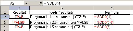 ISODD informacijska funkcija u Excelu - Vraća TRUE ako je broj neparan, odnosno FALSE ako je broj paran