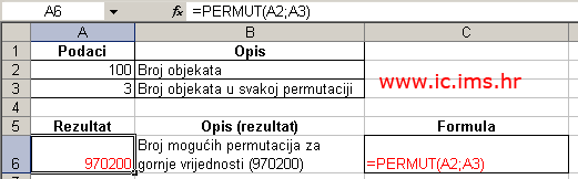 PERMUT Vraća broj permutacija za zadani broj objekata koji mogu biti odabrani među zadanim brojem objekata